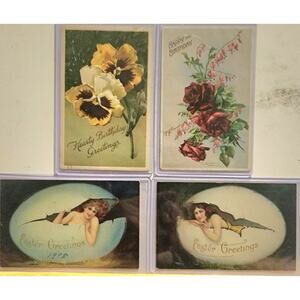 Lot Of Four Vintage Antique Embossed Postcards Flowers Birthday Easter